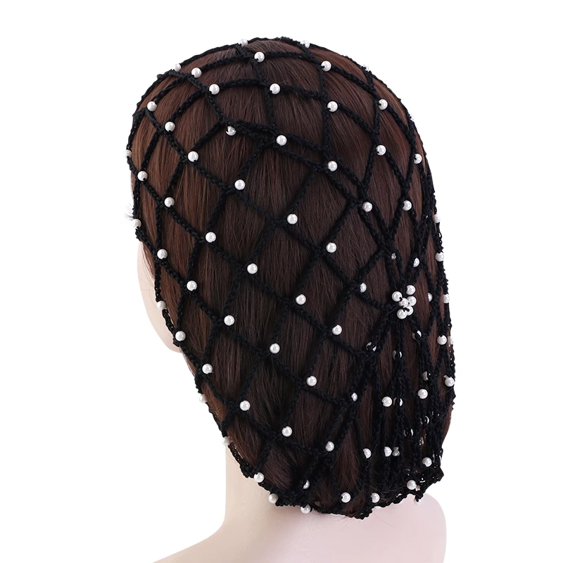 Women\'s Hair Net Rayon Mesh Snood Headwrap Pearl Beaded Crochet Cap Oversize Soft Fashion Design Ladies Elastic Hat Hairwear