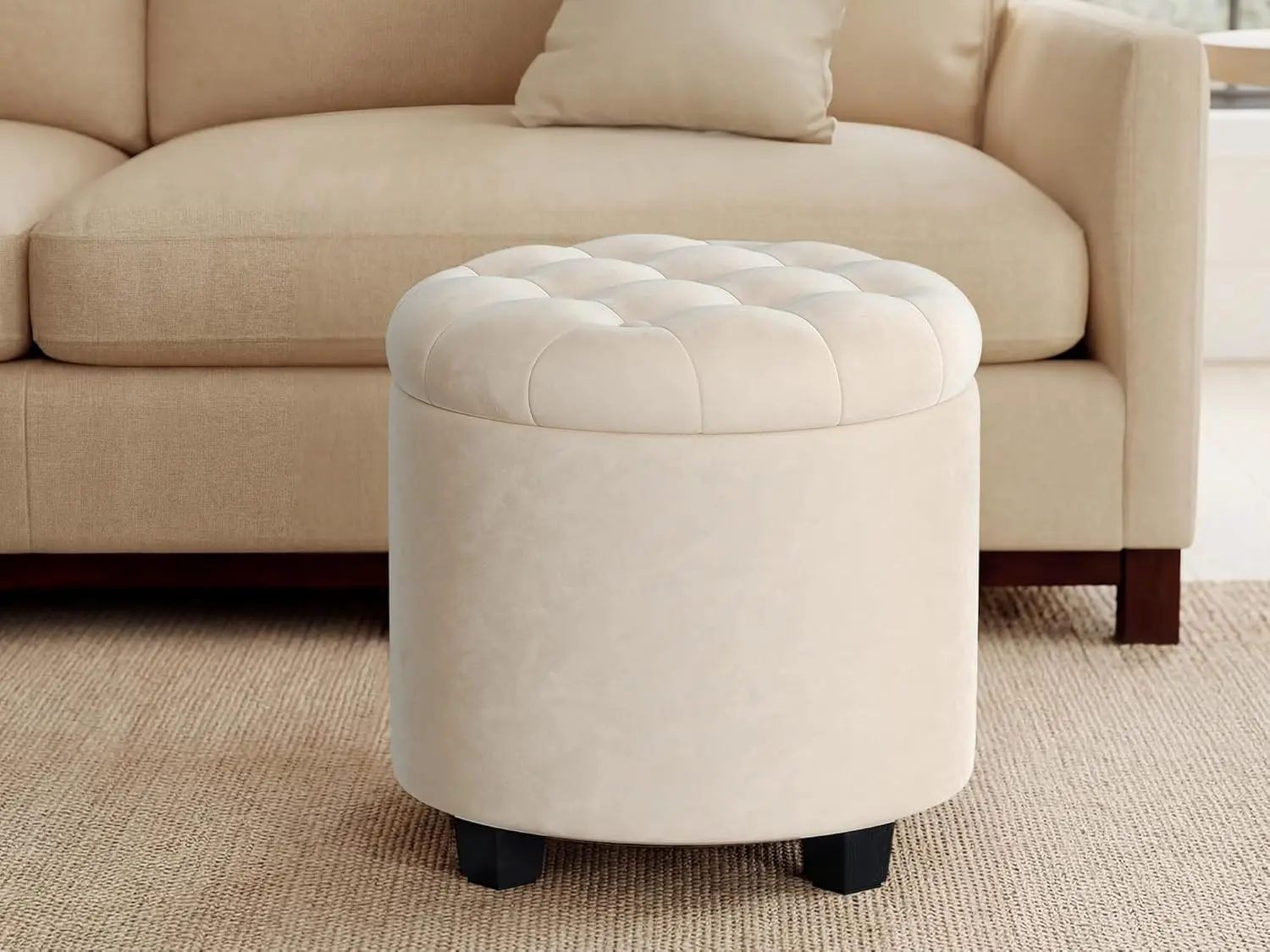 

Round Velvet Ottoman with Storage, 17.7" Foot Rest Stool, 330 lb Capacity, Cream White