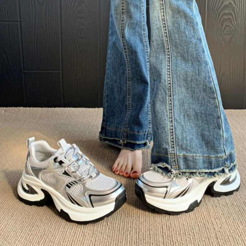 2026 Spring Fashion Petite Ladies 6cm Platform Thick Sole Dad Shoes Ins Style Casual Sneakers Autumn Height Boost