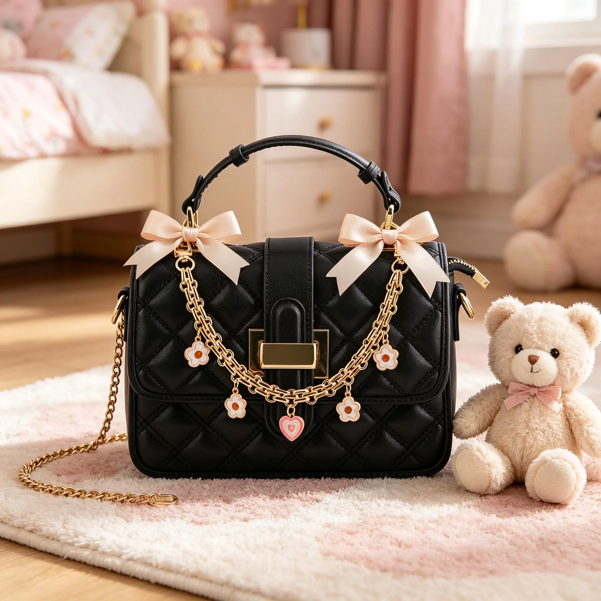 Cadena Decorativa de Metal Dorado con Doble Capa y Dijes de Corazón Floral Estilo Y2K para Bolsos y Carteras, Accesorios Estéticos para Bolsos, Regalo