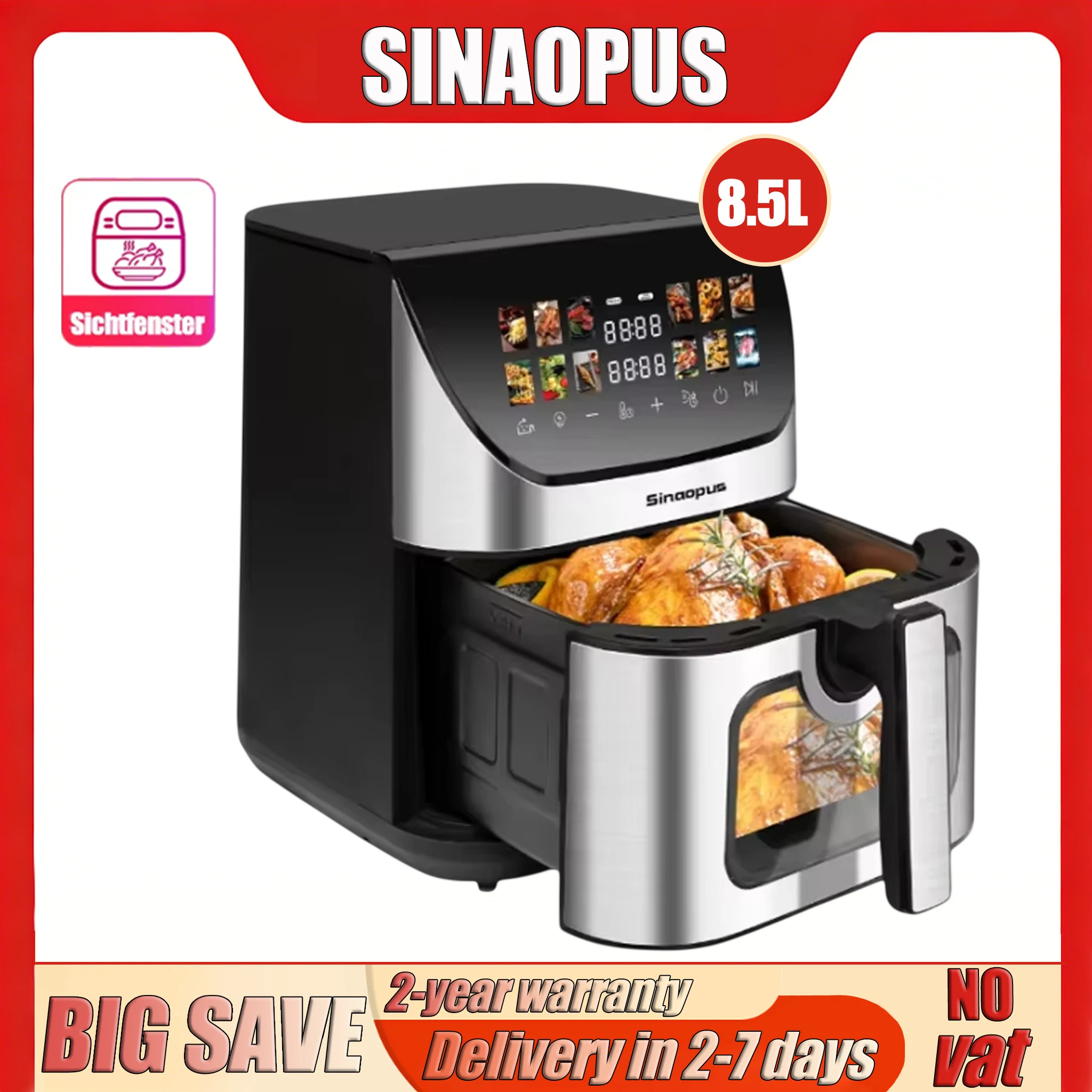 Friteuse à air Sinaopus 1800W, multifonction, 8,5L, four électrique intelligent avec fenêtre de visualisation, cuisson sans huile, commande tactile LED