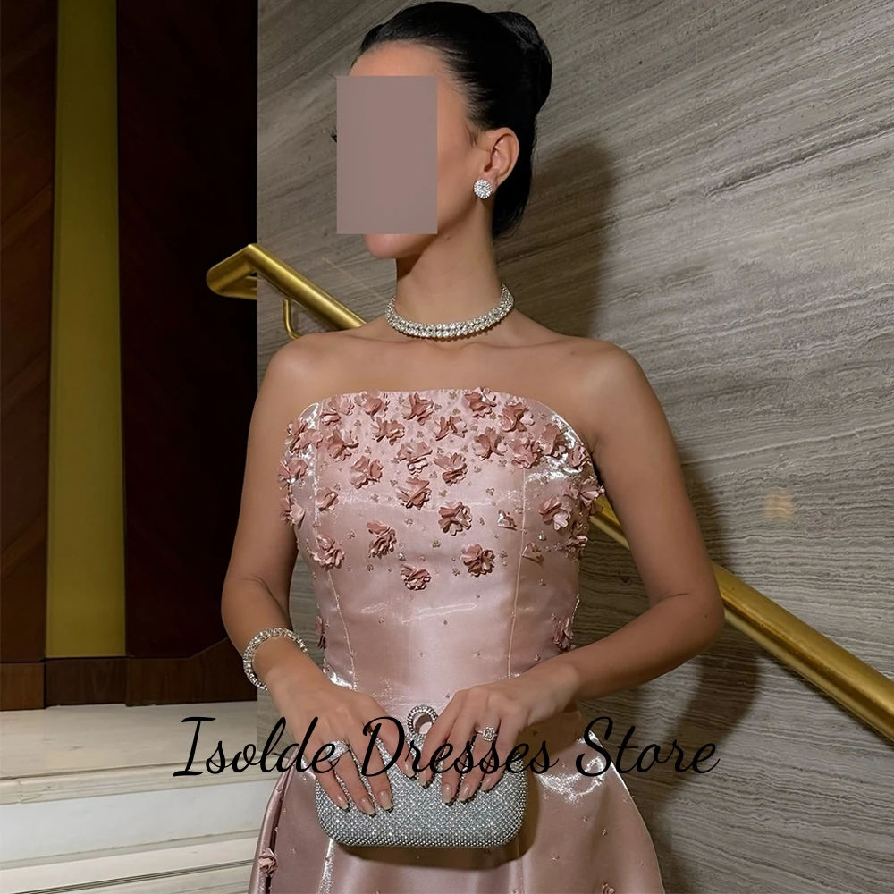 Sparkly Pink Satin Evening Dress Customized Strapless Sleeveless Homecoming Dresses Charming Flowers Zipper Back Celebrity Gowns