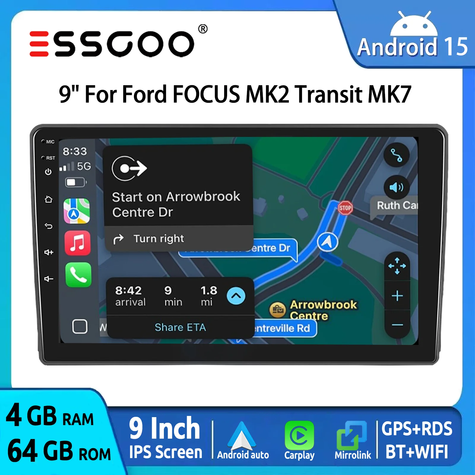 ESSGOO 9-Zoll Autoradio für Ford FOCUS MK2 Transit MK7 C-Max S-Max Kuga Galaxy mit Carplay Android Auto GPS BT FM RDS SWC