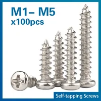 100 unids/lote tornillo autorroscante de cabeza redonda empotrada cruzada de acero al carbono niquelado M1 M1.2 M1.4 M1.7 M2 M3 M4 M5