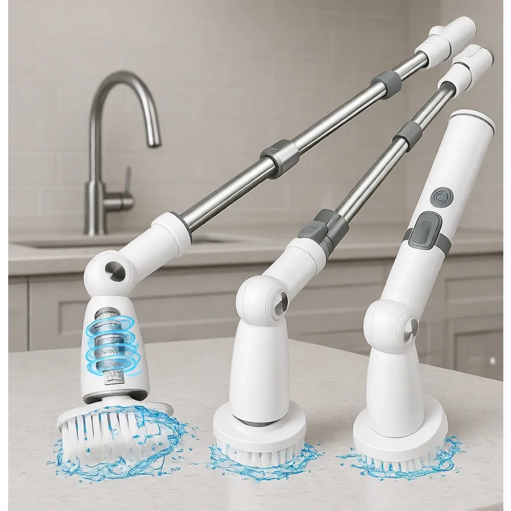 

Беспроводная электрическая вращающаяся щетка с длинной ручкой, двумя скоростями, 3 углами и 8 насадками для чистки плитки и пола в ванной комнате