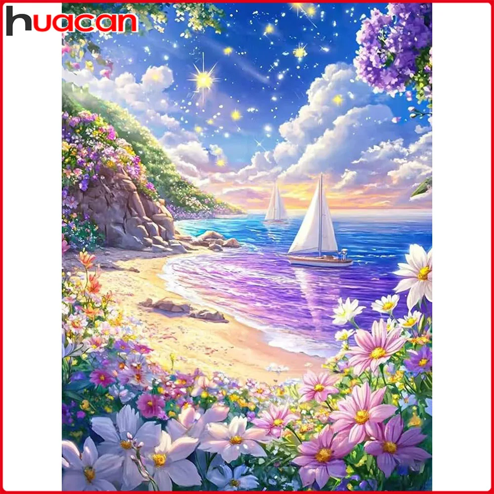 Huacan 5D-Diamantgemälde zum Selbermachen, Meer, Segelboot, Diamant-Stickerei, Landschaft, Blume, neue Kollektion 2025, dekorative Gemälde