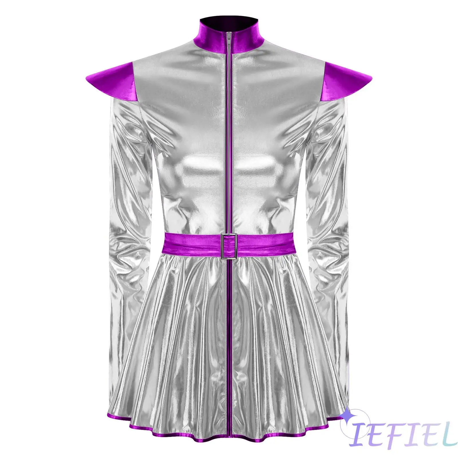 

Futuristic Alien Costume for Women Metallic Shiny A Line Dress with Belt And Front Zipper for Space Themed Halloween Parties