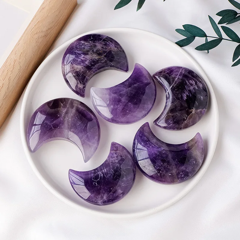 Natural Dream Amethyst Moon-Shaped Crystal Unscented Solid Healing Stone Energy Reiki Quartz Mineral for Home Decoration Gift