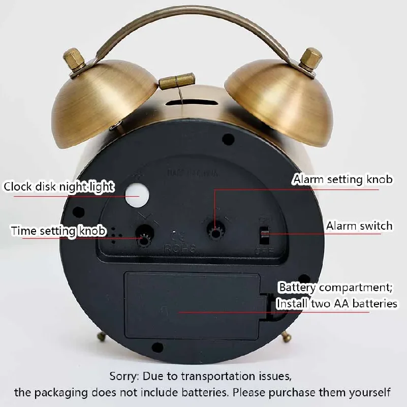 4.5-inch vintage electroplated metal alarm clock, loud ringing alarm clock, clock face with backlight, home bedside ornament
