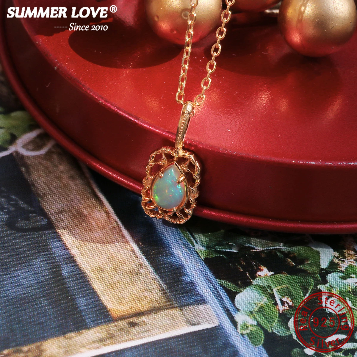 

925 sterling silver natural opal pendant choker Japanese vintage hollowed-out olive-leaf pear-shaped opal lace pendant