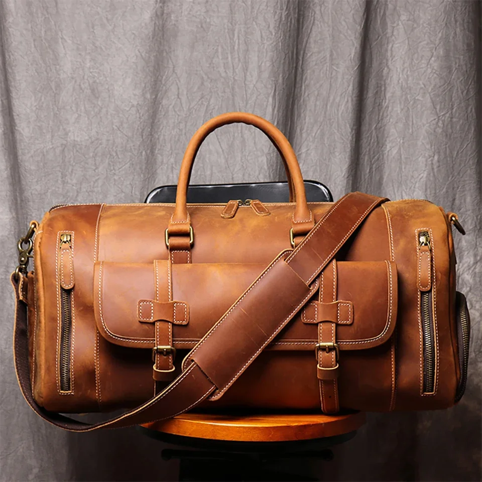 

Crazy Horse Leather Travel Duffle Bag With Shoe Pocket Big Capacity Weekender Mens Business Tote 20"