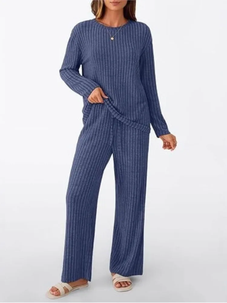 

Повседневный однотонный свободный комплект для женщин, модная футболка с длинным рукавом и круглым вырезом + широкие брюки, комплекты из 2 предметов, женская осенняя женская одежда