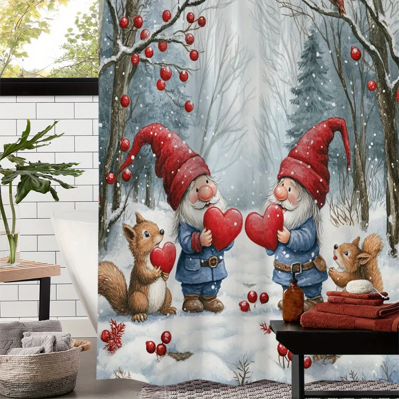 One piece of retro Christmas Santa Claus love squirrel waterproof shower , with 12 hooks Curtain for Windows