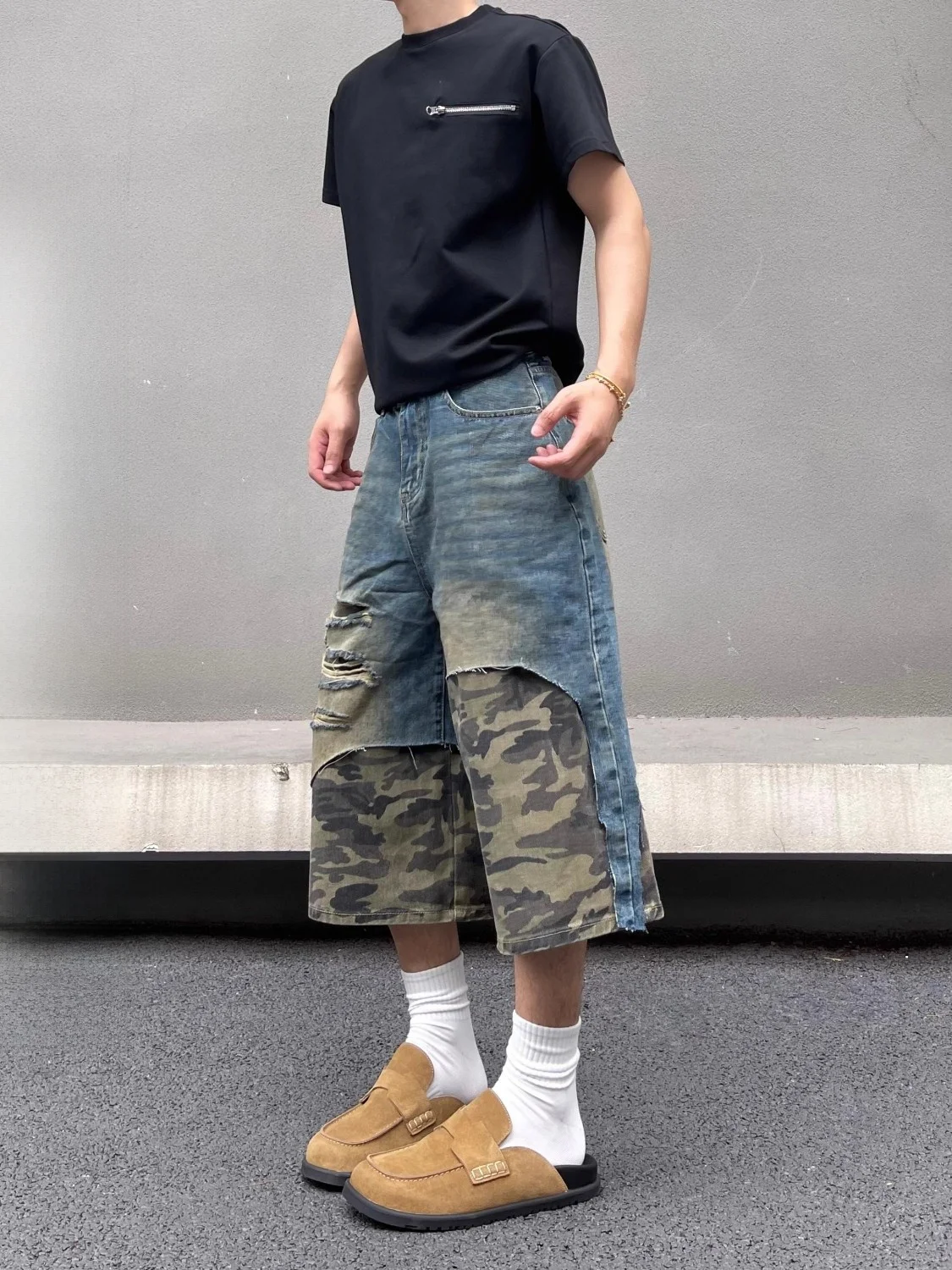 

American Retro Camouflage Denim Pants Loose Straight Leg Wide Leg orts Casual ex Fake Double Layer Splicing Jeans