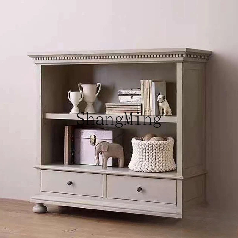 

FG rural retro white children's small bookcase study solid wood oak bookcase display case