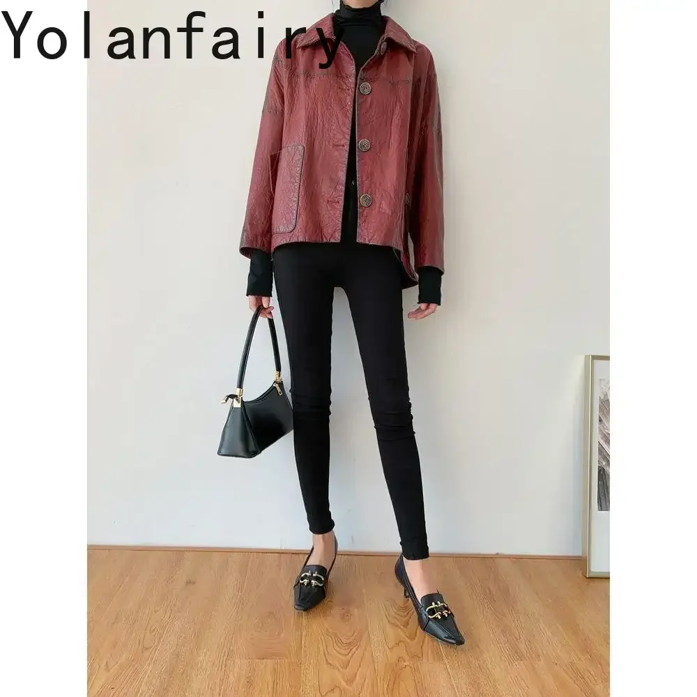YOLANFAIRY Spring Autumn Genuine Leather Jacket Women's Vintage Oil Wax Sheepskin Short Loose Women Leather Clothing Female