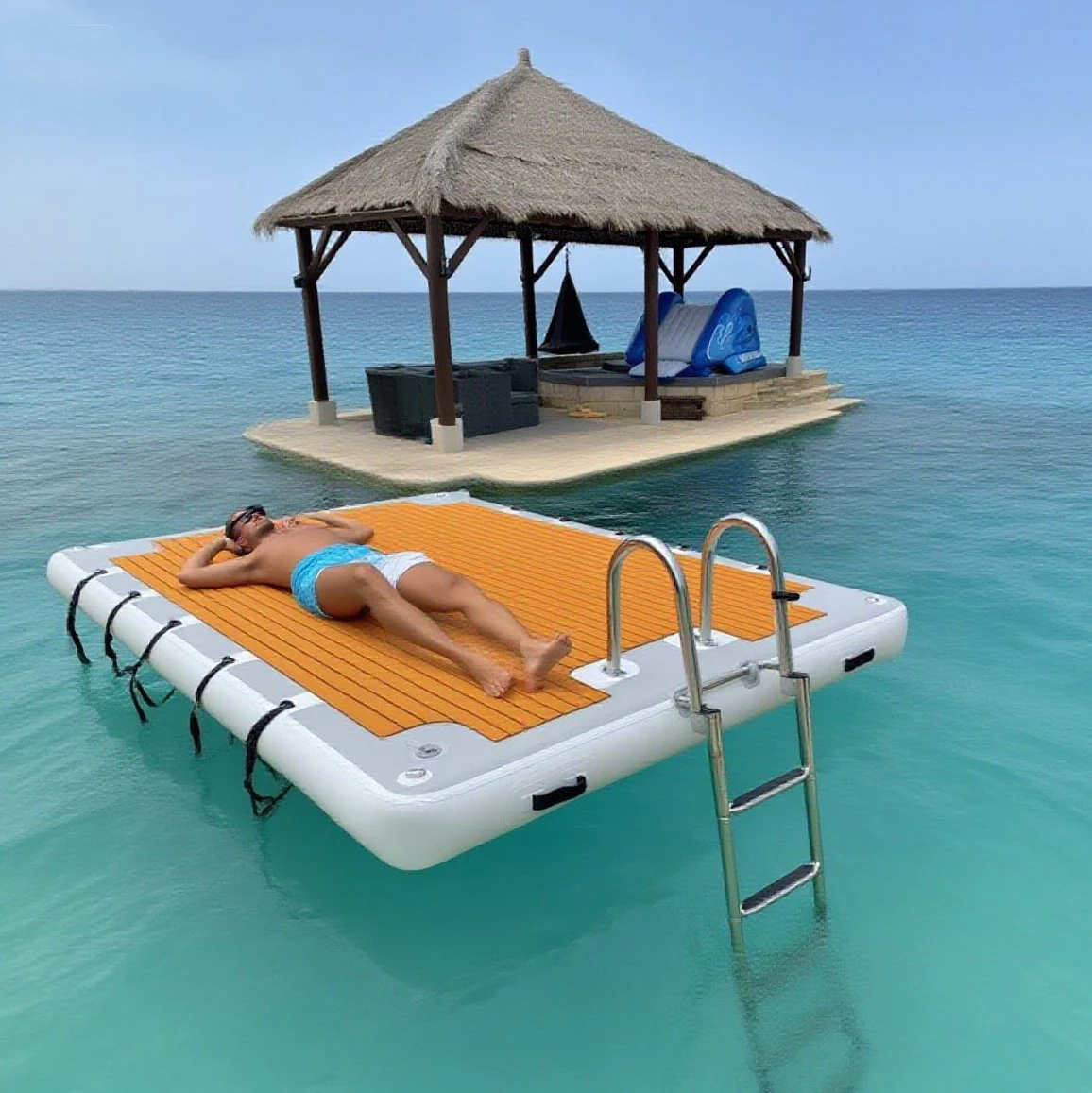 3x2x0.2m Thickness Floating Dock Water Inflatable Platform with Hard Ladder Swimming Fishing Leisure Island