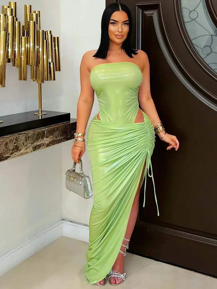 

Articat Sexy Tight Tube Top Long Dress Set Feminine Sleeveless Backless Slit Slim Party Club Evening Dress Two-Piece Set 2025