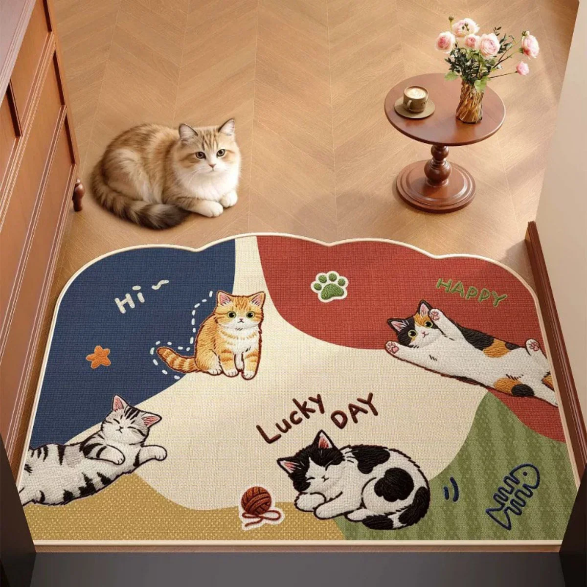 B14LYX Cute Kitten Graphic Indoor Rug Sweet Cartoon Print Irregular Contour Home Entryway Decor Mat
