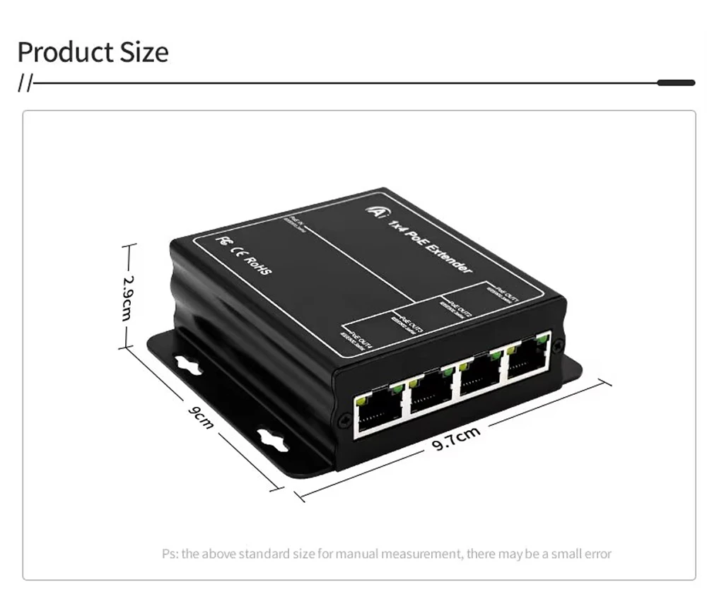 POE Extender RJ45 4-Port 10/100M IEEE802.3at for Ethernet/PoE Power AP, IP Camera, IP Telephone and Other Network equipments