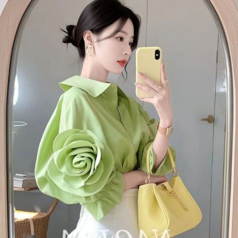 

Elegant Vintage Green 3D Flower Shirt Women Korean Fashion Simple Blusas Mujer De Moda 2025 Early Autumn New Long Sleeve Blouses