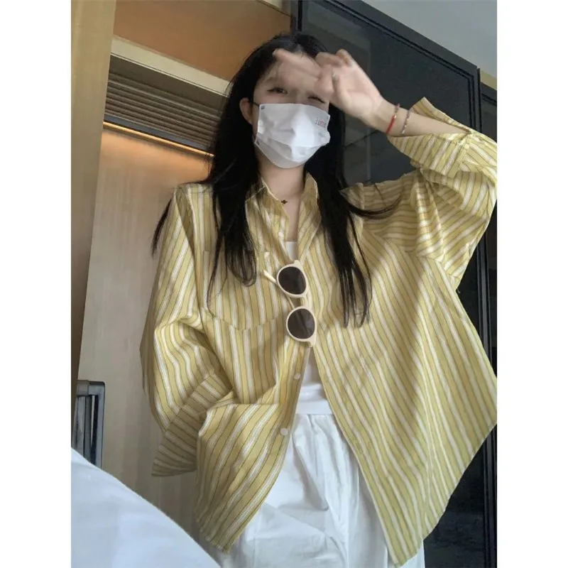Women's Yellow Striped Oversized Shirt Casual Loose Fit Button Down Collar Long Sleeve Blouse product image
