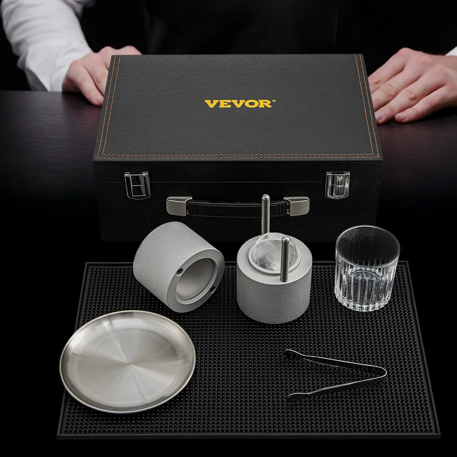 Ice Ball Press Kit, Anodized 7075 Aluminum, w/Silicone Moulds, Large Mat, Stainless Steel Tong & Two Glasses, Double Size Crysta