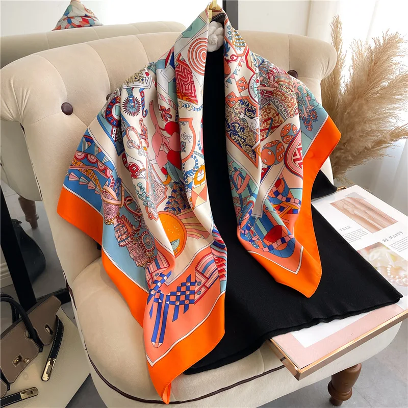 New Silk Scarf Women Luxury Design 90*90cm Soft Muslim Headband Beach Print Shawl Hijab Wraps Bandana Tie Bag Headbands Hairband