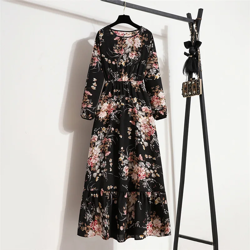 ITOOLIN Damen Lange Kleider mit langen Ärmeln, Bohemian-Stil, lässig, hohe Taille, Strandkleid, Chiffonkleider, Blumenmuster, Maxikleid