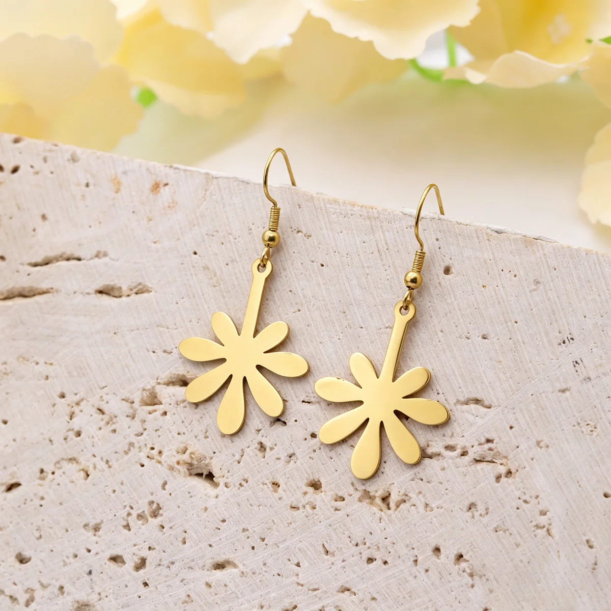 Kinitial Long Stem Daisy Flower Hook Earrings For Women Stainless Steel Floral Dangle Drop Earrings Jewelry Girlfriends Gifts