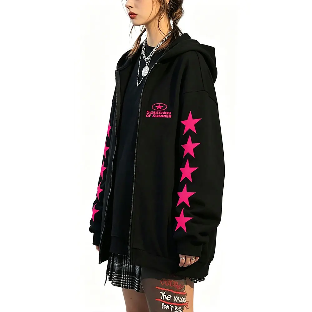Jaqueta com Zíper Punk Rock Band 5 Seconds of Summer Everyone's A Star World Tour 2026 para Homens e Mulheres, Estilo Hip Hop Gótico