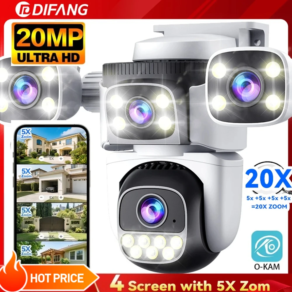 10K 20MP Four Screen Outdoor WiFi Cam PTZ 5X Zoom Night Vision Four Lens 10K Wireless CCTV Surveillance Cam Security Protection