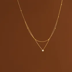 Stainless Steel Exquisite Single Zircon Pendant Double Layer Chain High Quality Textured Necklace Waterproof Trendy Jewelry