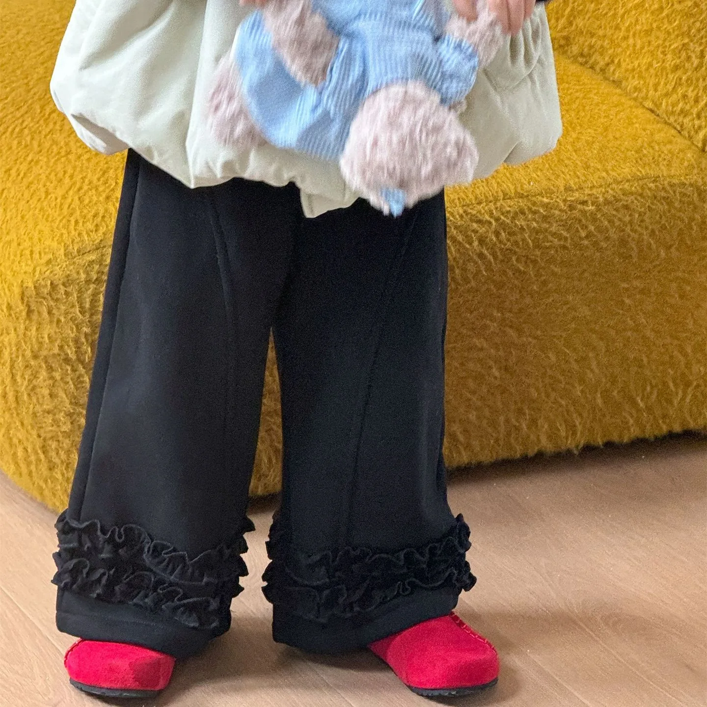 2025 الفتيات الكورية الخريف والشتاء جديد بلون الدانتيل التخسيس تنوعا واسعة الساق السراويل زائد المخملية السراويل المستقيمة بوتيك #1