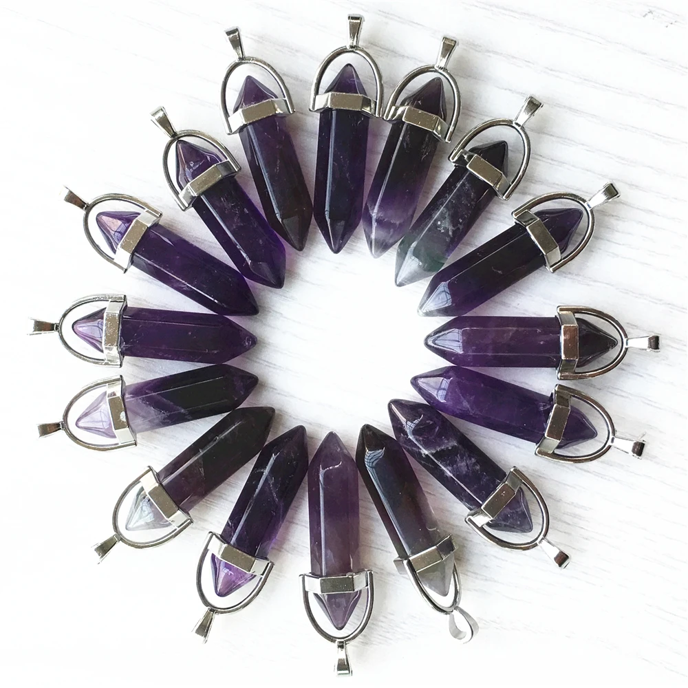 New! Natural Gems Stone Amethysts Crystal Pillar Point Charms Pendants&Necklace for Making Women Jewelry Slide 24pcs Wholesale