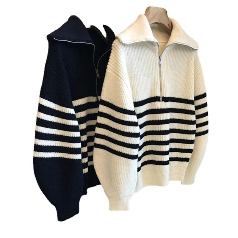 Autumn Winter Women\'s Sweaters Zipper White Black Striped Knitted Pullovers Korean Turndown Collar Oversized Sweater Women