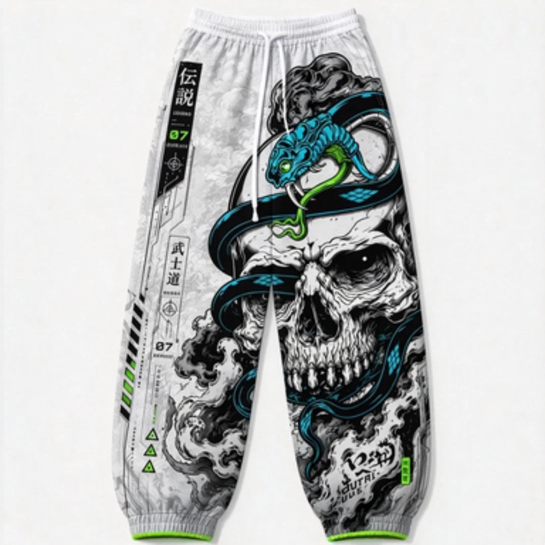 Skeleton Snake Pattern Japanese Samurai Style Snake and Skeleton Pattern Technology Printed Street Style Loose Sports Pants