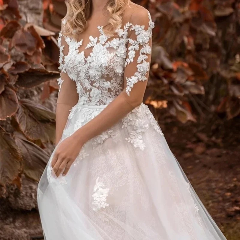 Dubai Elegant Wedding Dresses A-Line O-Neck Half Sleeves Appliques Flowers Bridal Dress Boho Elegant Customize To Measures 2024