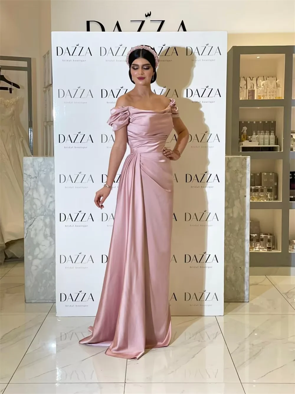 

Customized Elegant Women's Evening Dress Pink Off Shoulder Short Sleeve Mermaid Party Dress Formal Wedding Guests Ball Robe