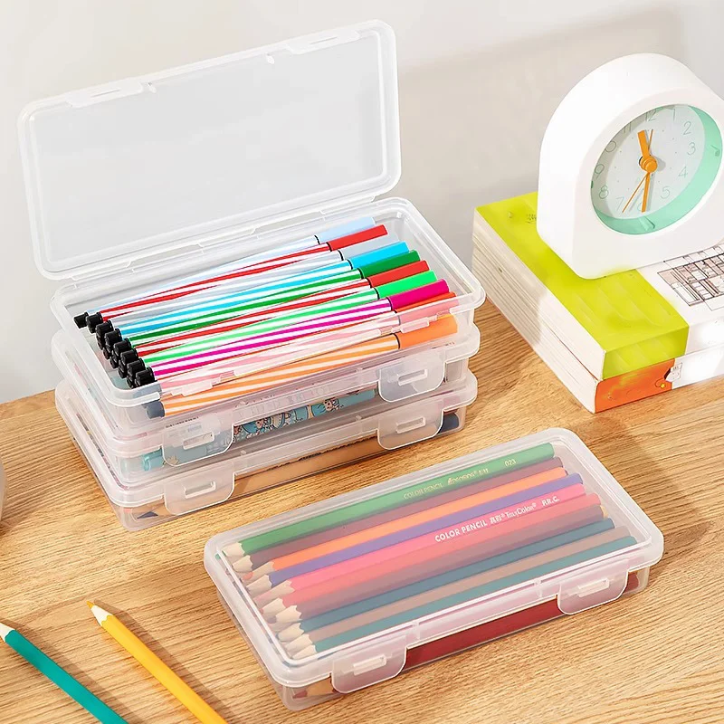 Plastic Transparent Pencil Case Stationery Box Large Capacity Stackable Design Sketch Art Student Simple Pencil Box for School