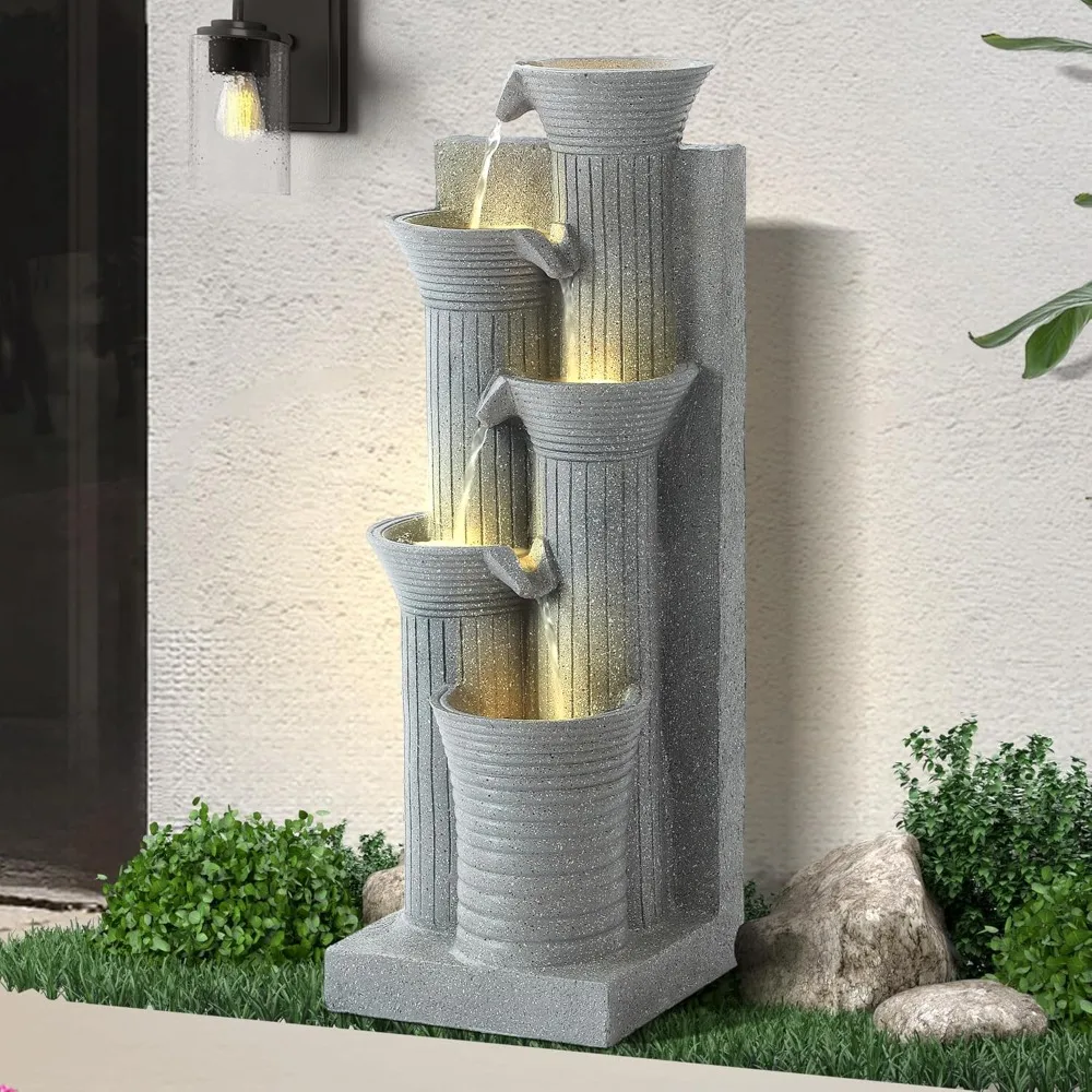 

5-Tiers Outdoor Garden Water Fountain with Cascading Rock, Fountains and Waterfalls w/LED,