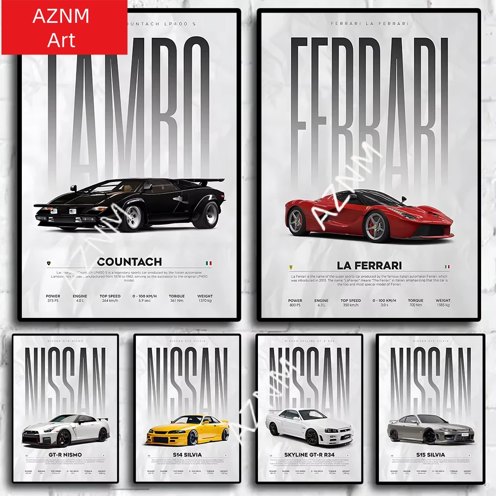 Famous Cars S14 F430 SF90 GTS AMG GT R34 F40 Poster Picture Canvas Painting Wall Art Home Decoration Print for Living Room Decor