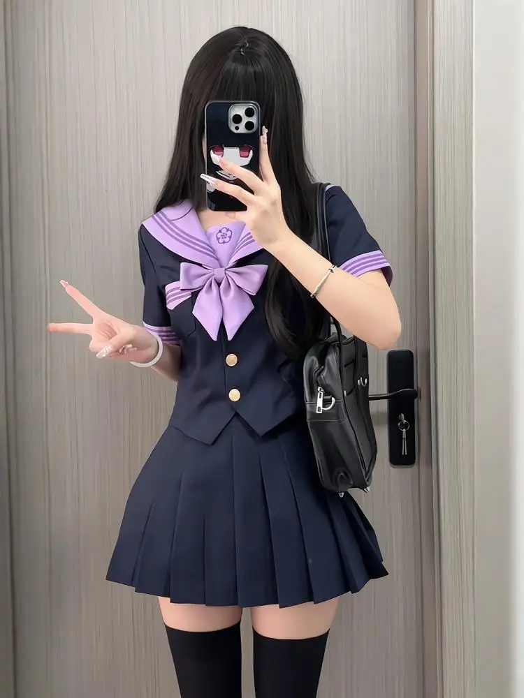 Japan School Uniform Girls Jk Suit Tie Basic Sailor Uniform Women Long Sleeve Suit Purple Color Matching