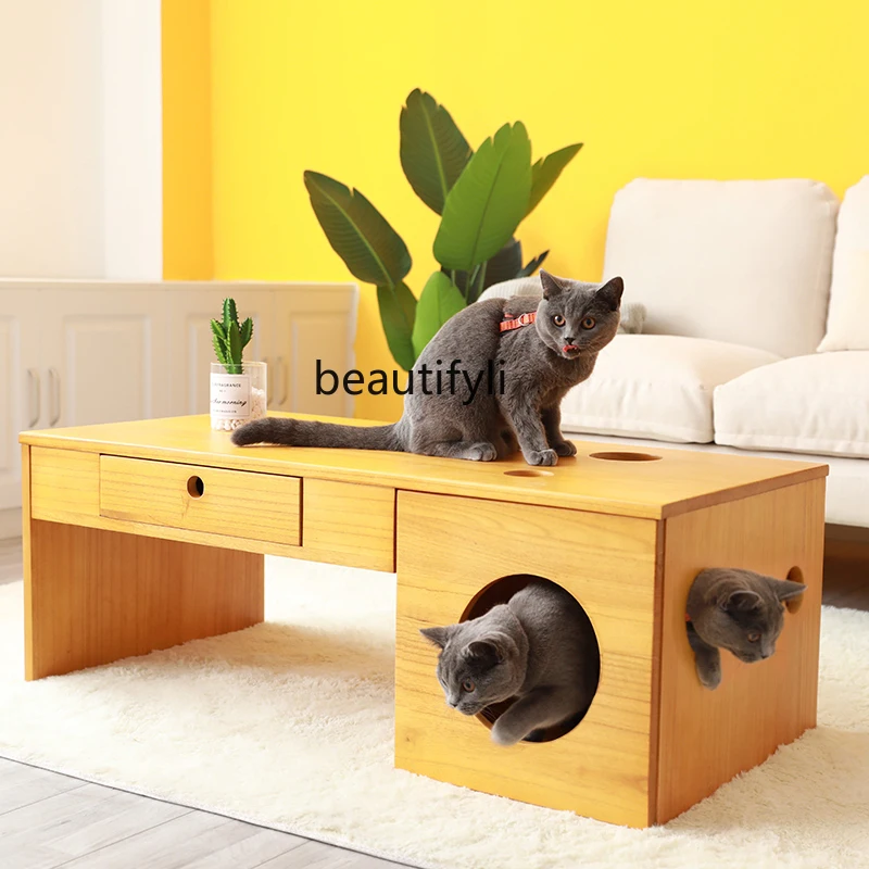 Cat Nest Tea Table Solid Wood House Pet Cat Cabinet Small Coffee Table Shared Furniture