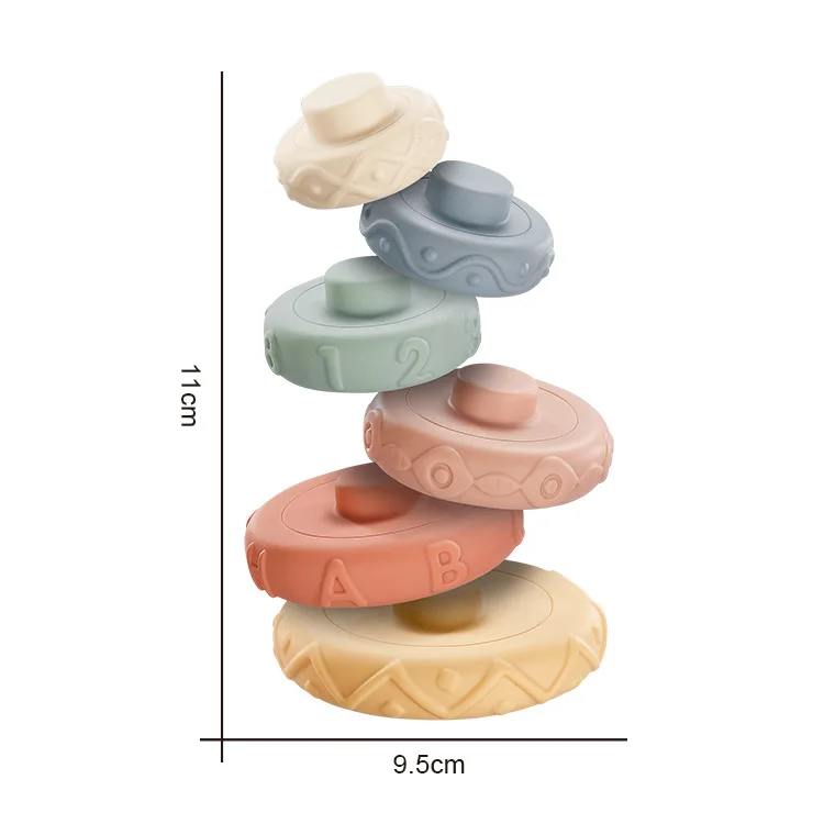 Babies Rubber Teether Squeeze Circle Bath Toys For Infant Baby Soft Tactile Silicone Educational Building Blocks 3D Stacking Toy