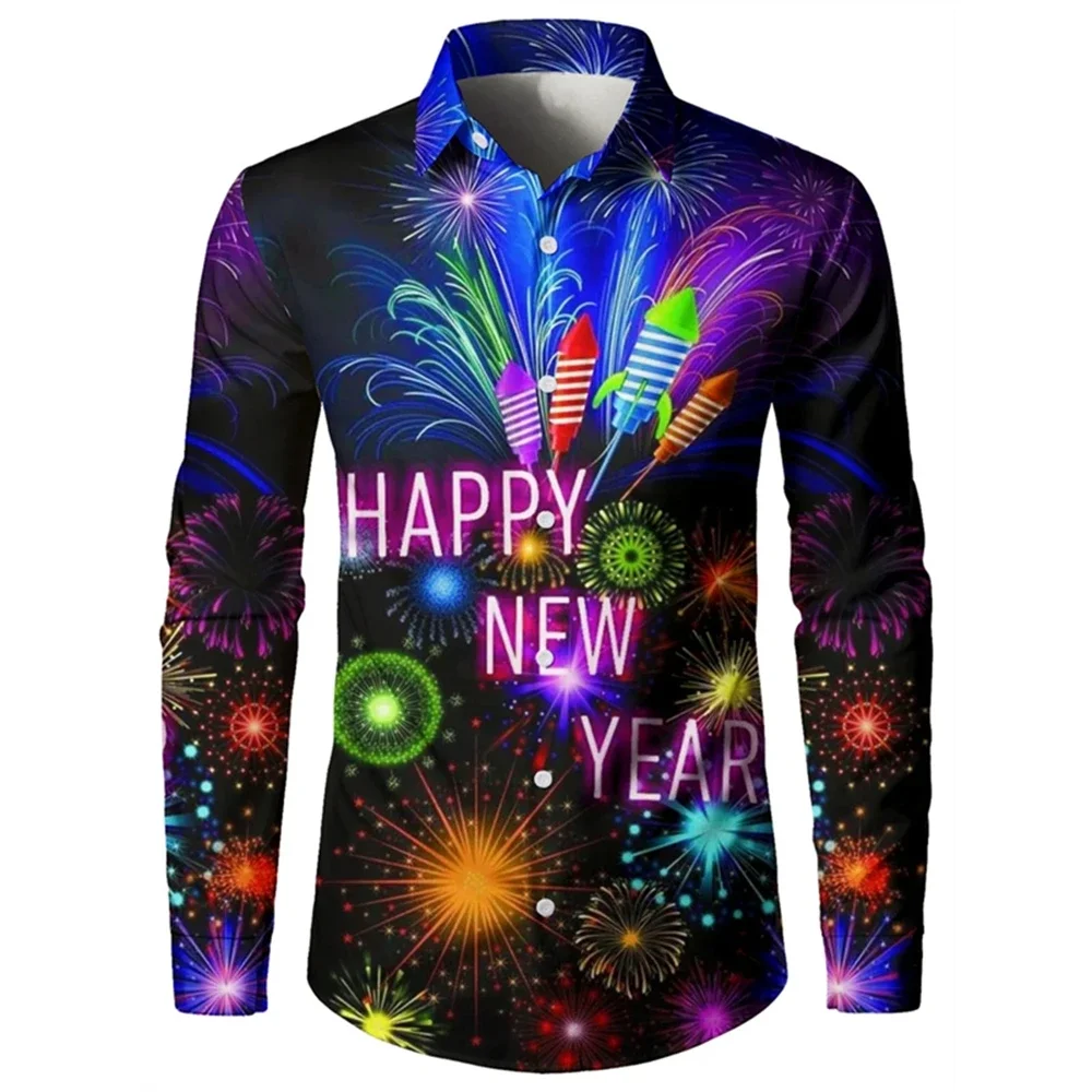 2025 New Year Men\'s Shirts Happy New Year 3d Print Long Sleeve Shirts For Men Casual Fashion Men\'s Clothing Loose Oversize Shirt