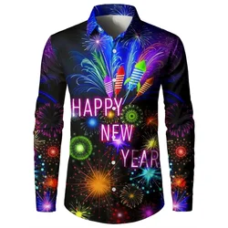 2025 New Year Men's Shirts Happy New Year 3d Print Long Sleeve Shirts For Men Casual Fashion Men's Clothing Loose Oversize Shirt