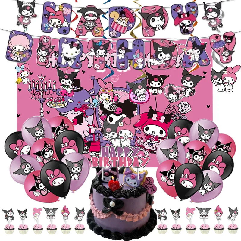 Kuromi Themed Children's Birthday Party Decoration Set Flag Pulling Cake Card Insertion Balloon Venue Decoration Props