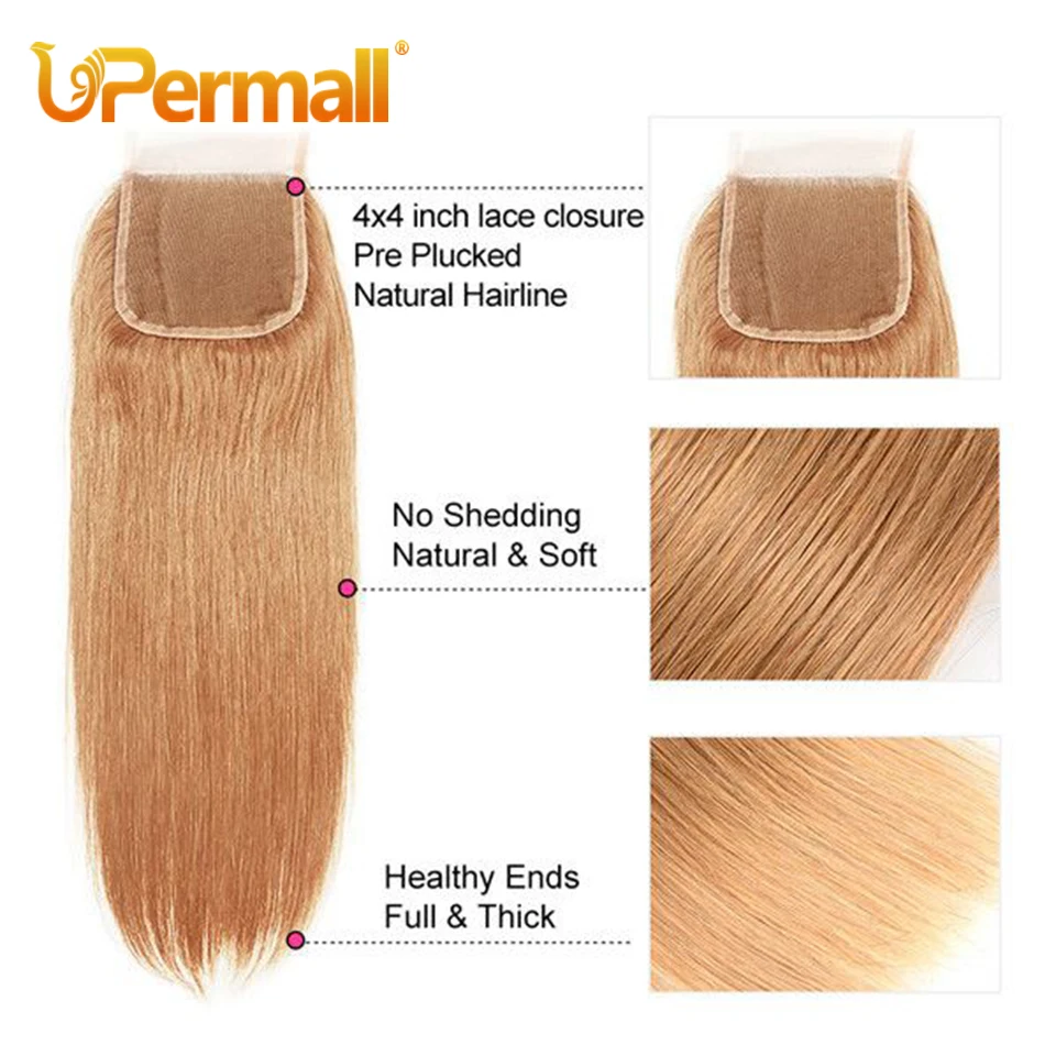 Upermall-extensiones de cabello humano liso con cierre, mechones Remy de color n. ° 27, rubio miel, transparente, 4x4, 5x5, encaje, 3/4