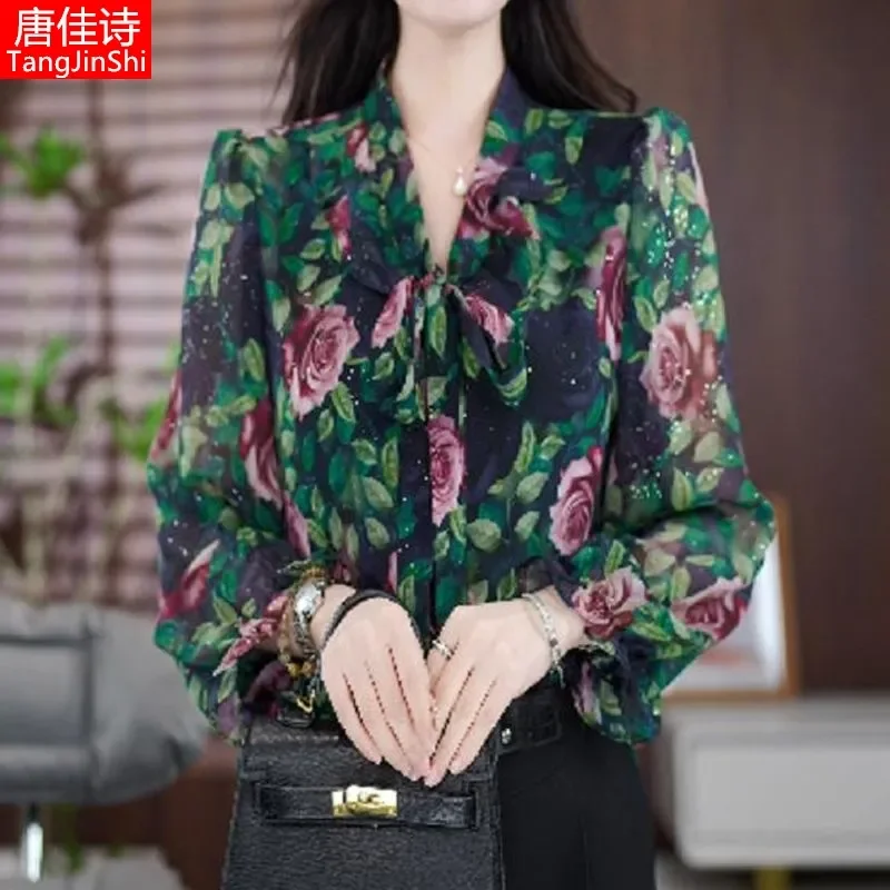 

Floral Print Chiffon Blouse Women Bow Tie V-Neck Puff Sleeve Sparkly Casual Elegant Top